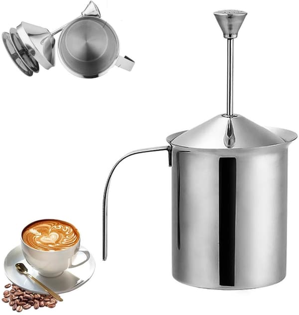Manuel mælkeskummer, 800cc 304 rustfrit stål dobbeltnet, tåler opvaskemaskine, til cappuccino, latte, kaffe og varm chokolade