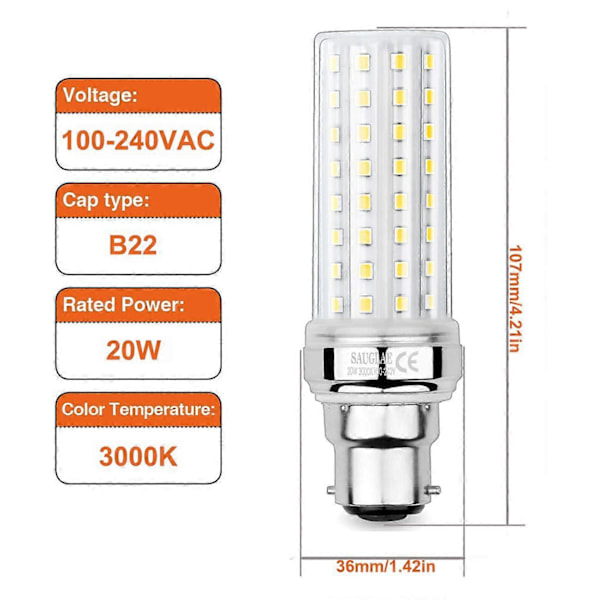 20W LED Maislamper, 150W Ekvivalent Lyspære, 2300LM, 3000K Varmhvit, B22 Bajonettlamper, 3 Stykker