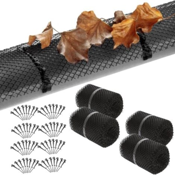 Plast Takrennerister - 4 Ruller 15cm x 6m, 60 Klips Monteringskroker, Beskyttende Netting for å Hindre Nedfallne Blader i Nedløpsrør