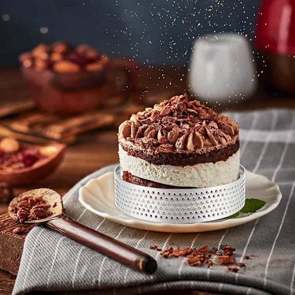 Sæt med 6 tærteringe i rustfrit stål, 8 cm, tærtering, tærteforme, perforeret bageform