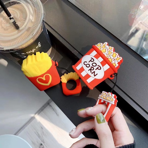 XJ-Sødt etui til Airpods 2./1. generation, 3D popcorn design silikoneetui beskyttende stødabsorberende beskyttelse med nøglering til Airpods-hovedtelefoner