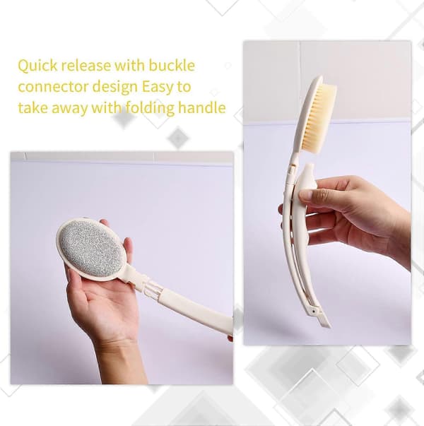 3-in-1 Bath Brush Set, Foldable Long Handle Shower Brush, Bath Brush with 3 Replaceable Heads Bristle Sponge Pumice Head for Exfoliating Shower-3
