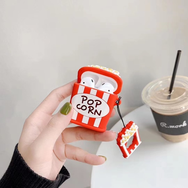 XJ-Sødt etui til Airpods 2./1. generation, 3D popcorn design silikoneetui beskyttende stødabsorberende beskyttelse med nøglering til Airpods-hovedtelefoner