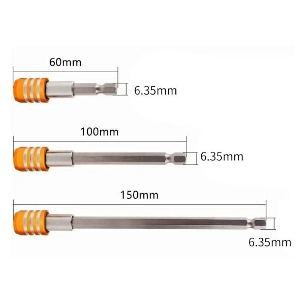 3 kpl Magneettinen ruuvikärjen pidike ruuvimeisselin jatkovarsi kuusikulmainen 1/4\" keltainen 60/100/150mm