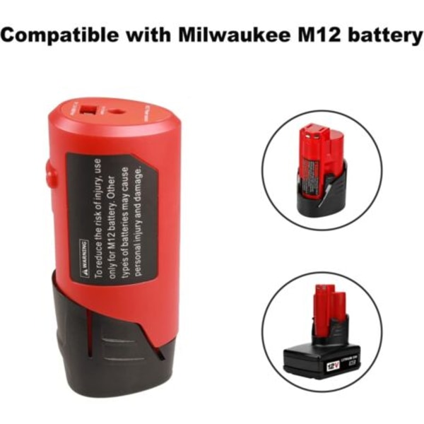 M12 USB Strømadapter til Milwaukee M12 12V Batteri med 2.1A USB-port og 12V DC-udgang, Bærbar USB-enhed Opladningsadapter (Kun adapter)
