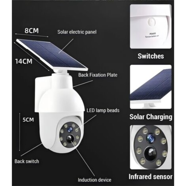 Ultra Bright 360 Graders Solar Floodlight, Virtuell CCTV-kamera, Utomhus Rörelsesensor, IP66 Vattentät Floodlight, Trådlös Falsk PTZ Dome-kamera för P