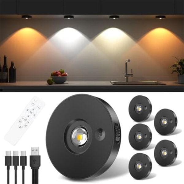 USB Uppladdningsbar LED Spotlight, Belysning Under Skåp, LED Skåpbelysning med Fjärrkontroll, Trådlös LED Display Skåpbelysning med Timer (6-pack)