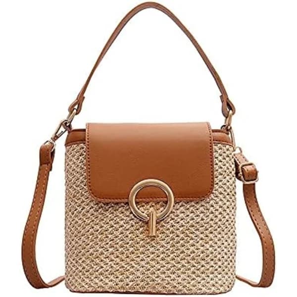 Små halmväskor för kvinnor sommar crossbody-väskor dam resehandväskor och handväskor kvinnlig axel enkel väska brun Brown[pl]