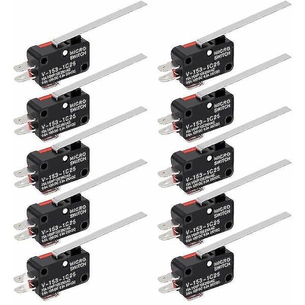 10-pack Mikrobrytare med gångjärnsspakar, SPDT 1NO 1NC, Momentan, Lång Spak, 3 Stift
