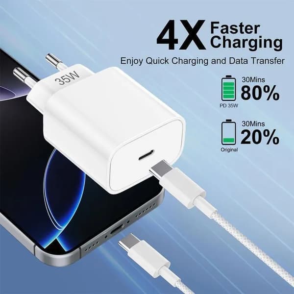 Hurtiglader 35W - E.F.Connection - USB-C - Kabel 2M - Kompatibel med iPhone 17, 17 Pro, Pro Max, 16, 15 Vit