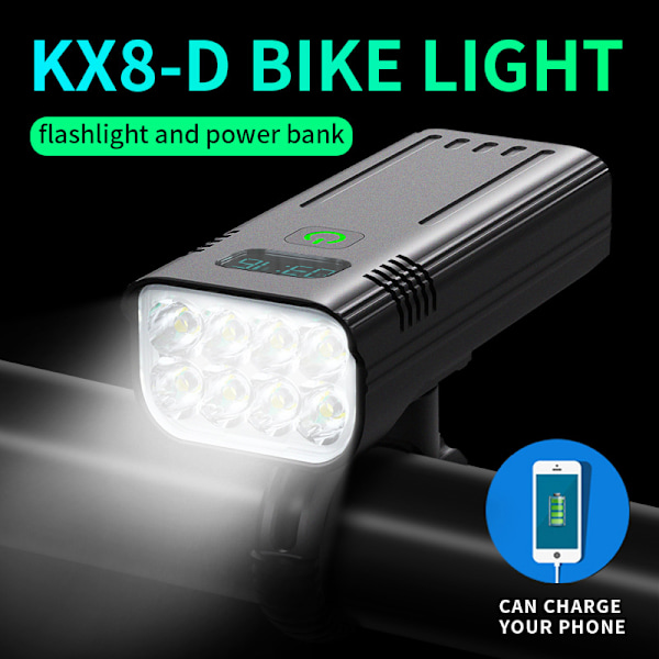 XJ-Pyöränvalot eteen, 8000 lumenin superkirkas 8 LED 5200mAh USB ladattava, virran näyttö ja 5 valaistustilaa, IPX5 vedenpitävä