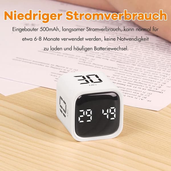Pomodoro-timer, roterende kube-nedtellingstimer med USB-C oppladbart batteri og magnetisk base for studier, kjøkken, kontor, hvit