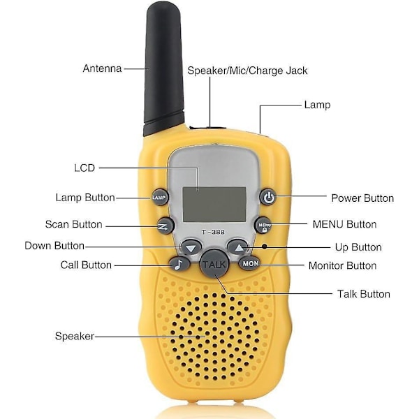 XJ-Radiopuhelimet lapsille - 2-suuntainen radio sisäpuhelin sisäänrakennetulla LED-taskulampulla, LCD-näyttö - keltainen (1 pari)