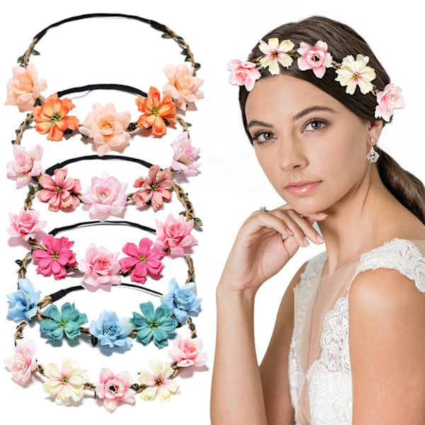 5 st Blomsterhuvudbonader - Pannband för kvinnor - Flerfärgad blomsterkrans - Håraccessoarer för bröllopsfestfestival