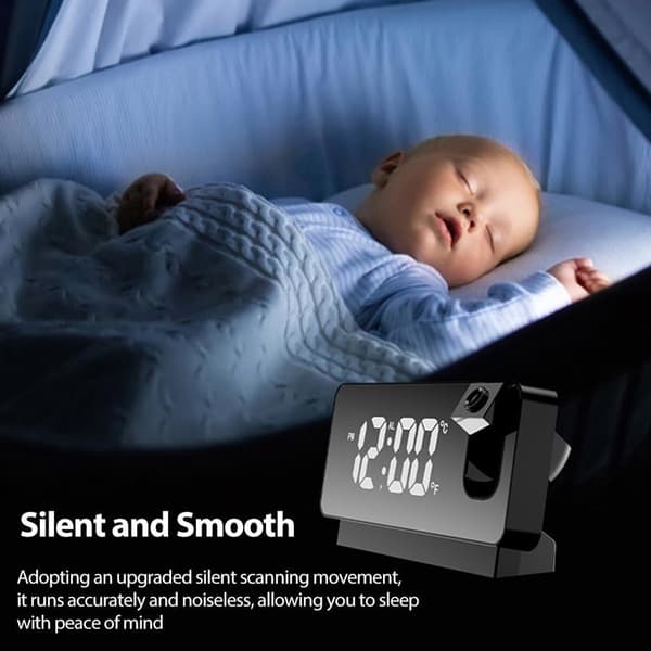 Digital projektionsväckarklocka, 180° roterande LED-spegeldisplay, dubbla larm, USB-driven, sängbord, 2-pack, svart