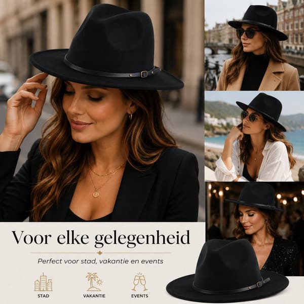 Uld Fedora Hat til kvinder, bredskygget Panama-stil filthat med spændebånd, elegant solhat til alle årstider til bryllup, strandrejser, sort