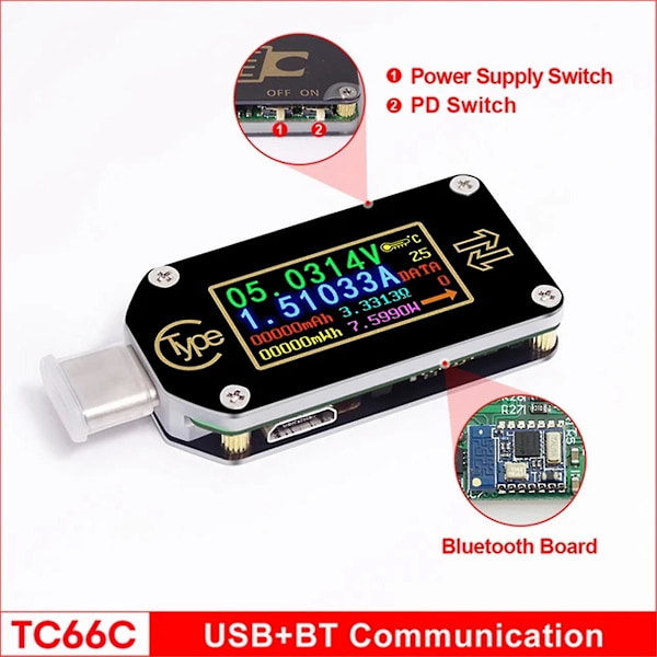 XJ-Tc66c Type-c Pd Trigger Usb Voltmeter Amperemeter Spänning 2-vägs Strömmätare Multimeter Med Bluetooth