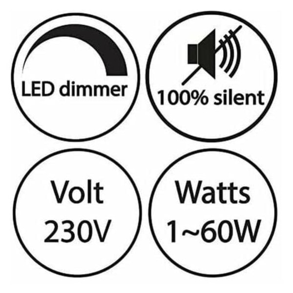 LED lysdæmper (ledning) - 1 til 60 W - Trinløs variabel intensitet - Kompatibel med glødepærer - On/Off - Spænding 220 til 230 V - Ledningsdæmper - T