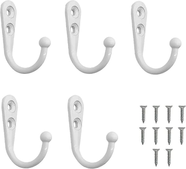 Hooks, 5 Pcs Single Hooks with 10 Screws Wall Mounted Coat Hooks Metal Hooks for Kitchen Bathroom White