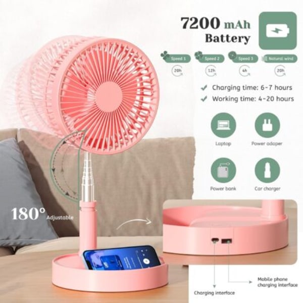 Kokoontaitettava pöytätuuletin, USB ladattava kannettava sisäänvedettävä tuuletin, 4 nopeusasetusta, 7200mAh hiljainen pöytätuuletin (Pinkki)