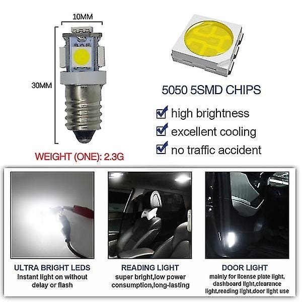 10 stk E10 6V LED-lamper 5SMD 0,5W 50LM - Lampe Kald Hvit
