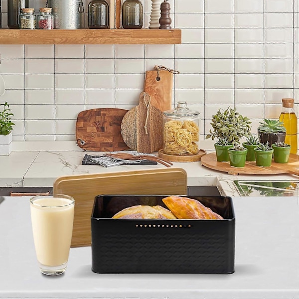 Metal Bread Box with Bamboo Lid, Adaptable as Cutting Board, Bread Box, Large Bread Box, 33x18x13.5 cm, Modern Rectangular Bread Box