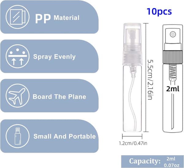 10-pakning 2 ml mini sprayflasker, påfyllbar klar parfymeforstøver med støvhette for eteriske oljer, lotion, reisebruk