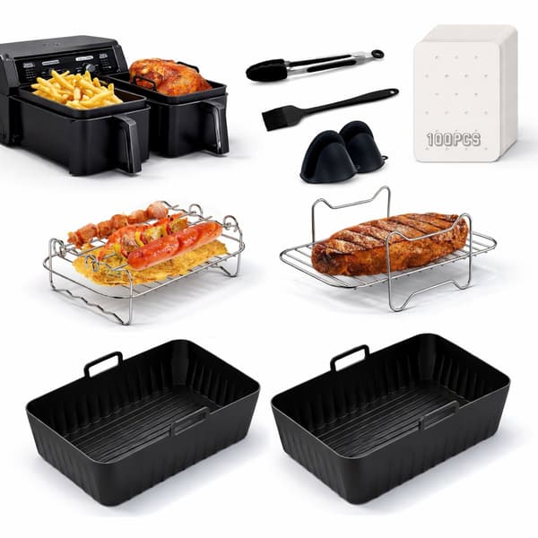 Tilbehørssæt til airfryer, dobbelte airfryer-riste, silikonekurve, bagepapir, tang og børste til Ninja airfryere, sort