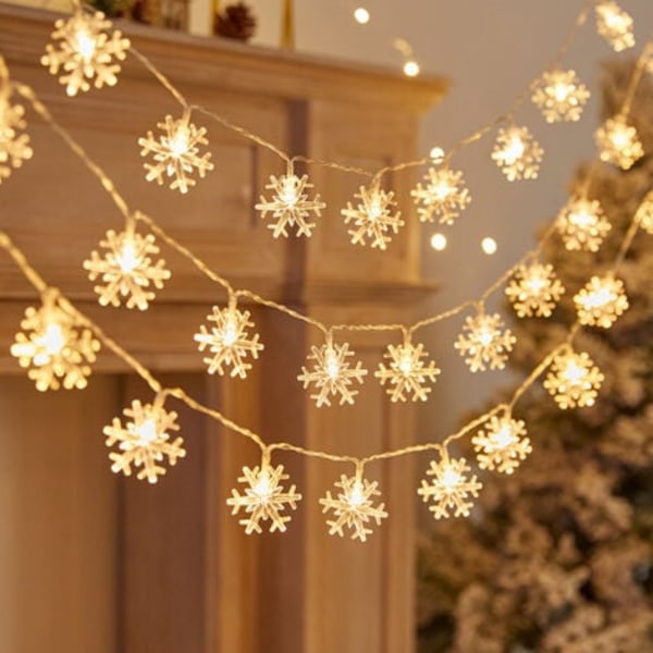 Julelyskæde med 40 varm hvide LED batteridrevet (snefnug, gult lys)
