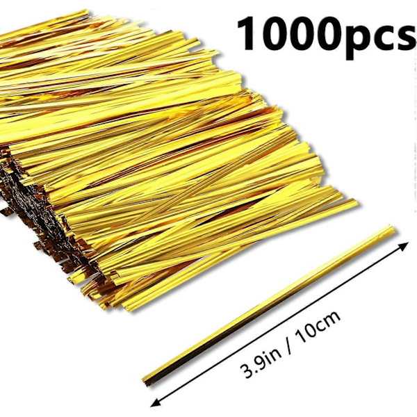 Pakke med 1000 Metalliske Twist Ties til Poser - Gyldne Forseglingsklemmer - Forseglingsstrimler - til Bageri, Slik, Kager, Chokoladeposer (Guld, 3...