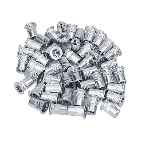 XJ-Nut 100 stk. 1/4in-20unc Rustfritt Stål 304 Finish Flat Hode Rivnut Gjenget Innsettingsmutter Riflet Kropp