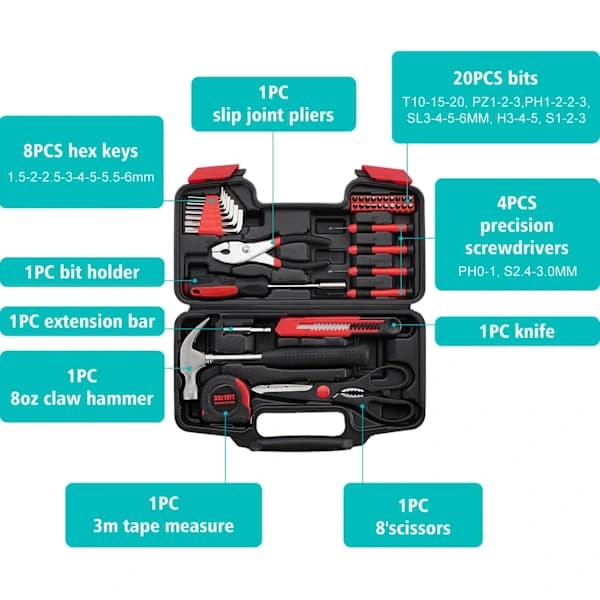 39 Piece Tool Set, Portable Tool Box, DIY Kit Suitable for Household Repairs, Assembly, Maintenance, Red