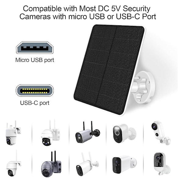 XJ-Solcellepanel for sikkerhetskamera, 5W solcellepanel med Micro-usb & Usb-c port, ip65 vanntett sikkerhet