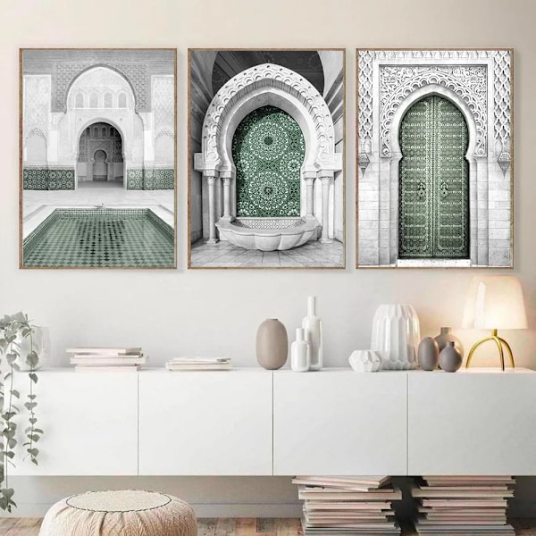 Hassan II Moské Marokko Plakat Islamsk Ayatul Kursi Grønn Lerret Maleri Veggkunst Trykk Bilde Stue Hjem Dekorasjon