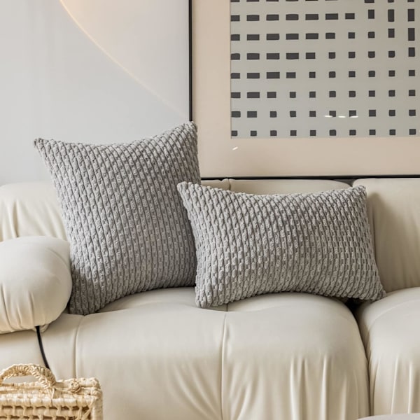 XJ-Set med 2 dekorativa kuddfodral för soffa, randiga sammetskuddfodral 40x40cm, 16 x 16 tum, ljusgrå
