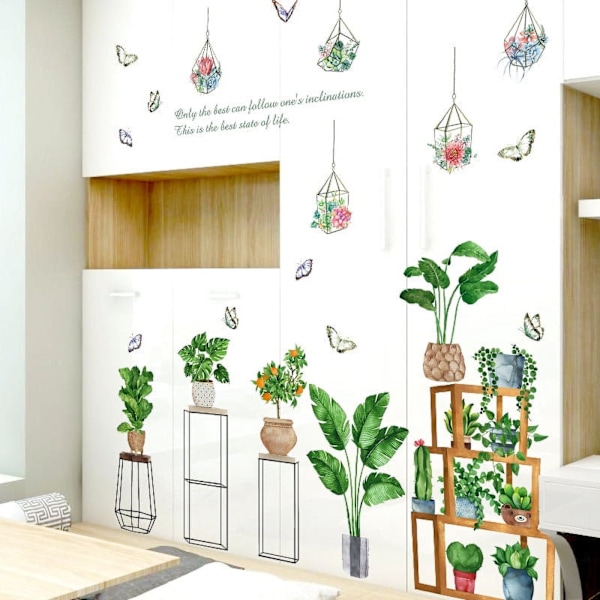 XJ - Set med väggdekaler, krukväxter, fjärilar, blommor, väggdekor för vardagsrum, sovrum, kontor