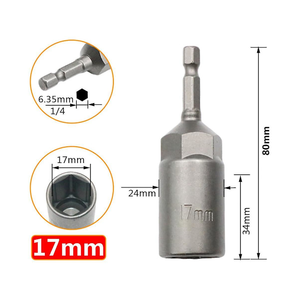 XJ-Deep Sekskant Topnøgle Boremaskine Sekskant Slagnøgle Adapter 80mm Længde Skruetrækker Bits 6-19mm Qui