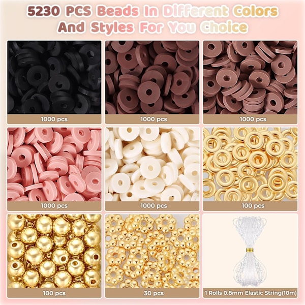 5200+ st bruna lerpärlor armbandssats, Heishi-pärlor polymer lerpärlor för smyckestillverkning, vänskapsarmbandssats med guld