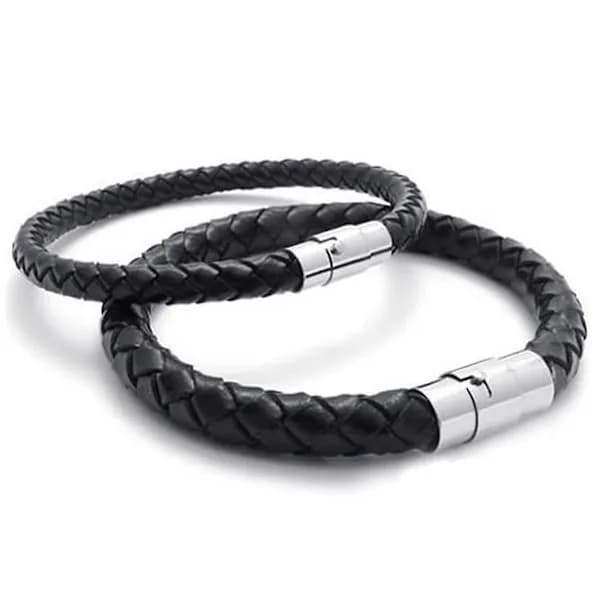 Armbånd i rustfrit stål og flettet læder, til mænd og kvinder, sort - Bredde 6 mm - Længde