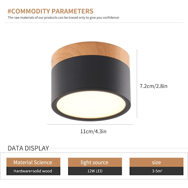 XJ-LED taklampe, med tredekor, mini taklampe, rund, kaldhvit 6000 K, 12 W