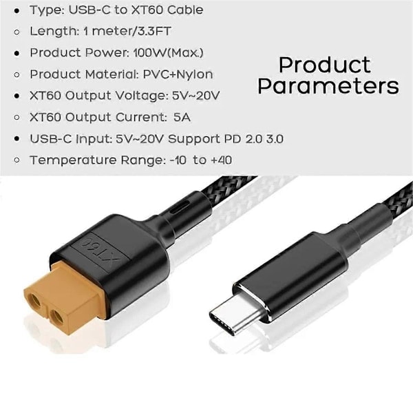 USB-C Typ-C til XT60 Ladekabel PD 100W 20V/5A Ladekabel for Verktøysett Kitrc M7 M6 M6D M8S Lader, Solpanel.