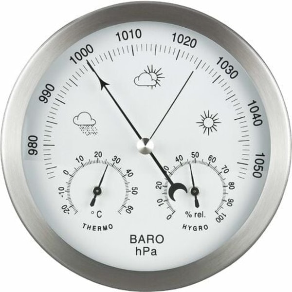 Analog väderstation 3-i-1 rostfritt stål Ø132 mm - Barometer, termometer, hygrometer, silver