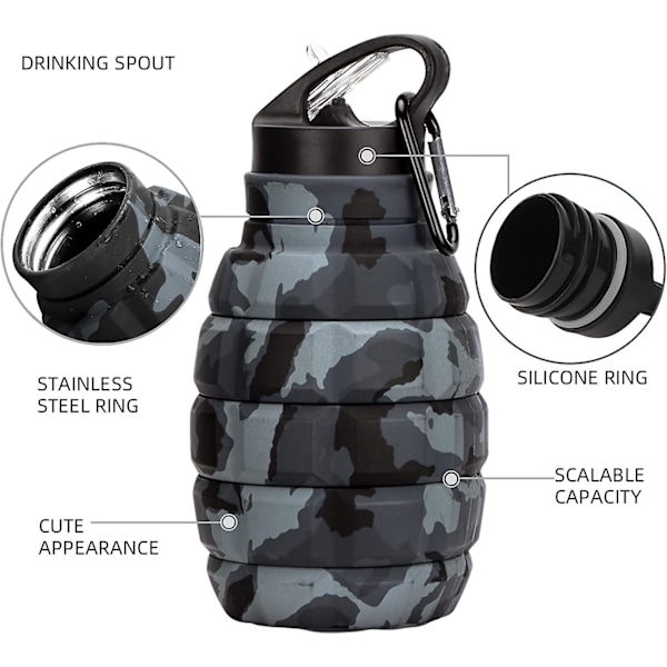 XJ-Grenade kokoontaitettava juomapullo 580ml BPA-vapaa tiivis elintarvikesilikoni juomapullo urheilupullo pyöräilyyn, urheiluun, festivaaleille karabiinilla (YJD)