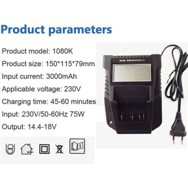 1018K 3A Erstatningslader for Bosch 14.4V-18V Litiumbatteri Hurtiglader med LED for Bosch 14.4V 18V BAT609 BAT609G BAT618 BAT618G BAT614 BAT61