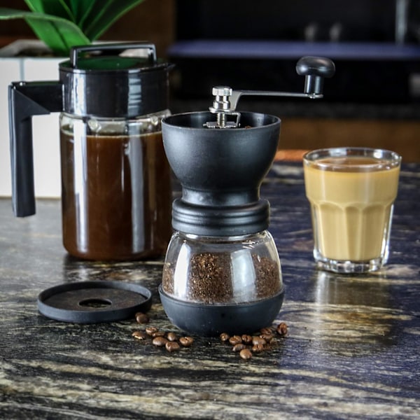 XJ-Manuell kaffebönskvarn | Justerbar grovlek Keramisk kvarn | Handhållen kaffekvarn | Kompakt vev för hem, kontor och resor