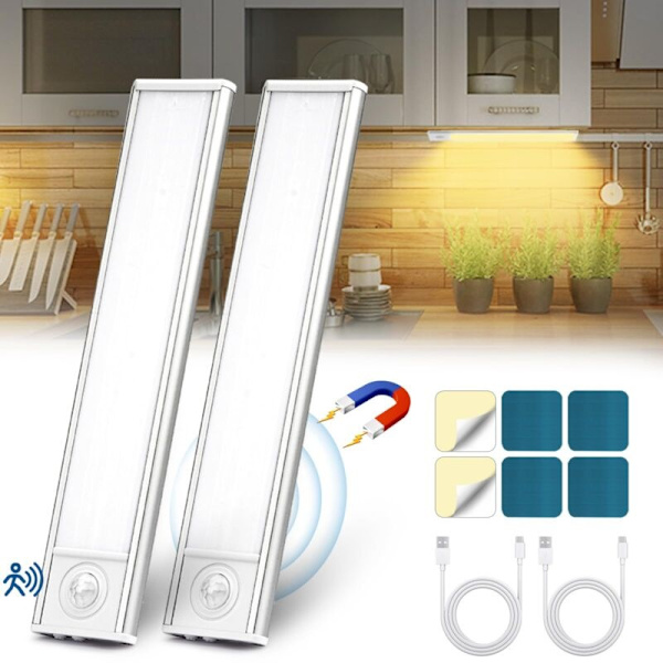 LED Kitchen Light, Wireless USB Rechargeable Cabinet Light, 6000K LED Kitchen Lighting Under Cabinet, Magnetic Dimmable with Sensor (20cm 2pcs)