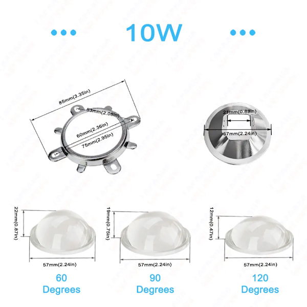 60 90 120 Grader LED-Lins Optiskt Glas 44mm 50mm 57mm + Reflektor Kollimator + Fast Fäste För 10W 20W 30W 50W 100W COB-Chip