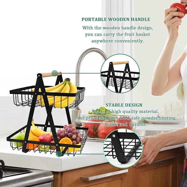 2-Tier Fruit Basket, Fruit Bowl Stand, Bread Basket, Vegetable Stand, Detachable Fruit Stand for Fruit, Vegetables, Home, Kitchen