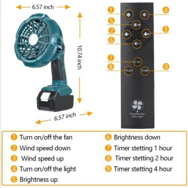 Ledningsfri ventilatorer til Makita - Industriel USB gulvventilator med LED-lys - Kompatibel med Makita 14.4-20V Li-Ion batteri - Fjernbetjening - 3 tilstande - Timer