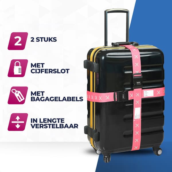 Bagageremmar med kombinationslås, justerbart resväskebälte i nylon med bagagebricka för flygresor, rosa, 2-pack